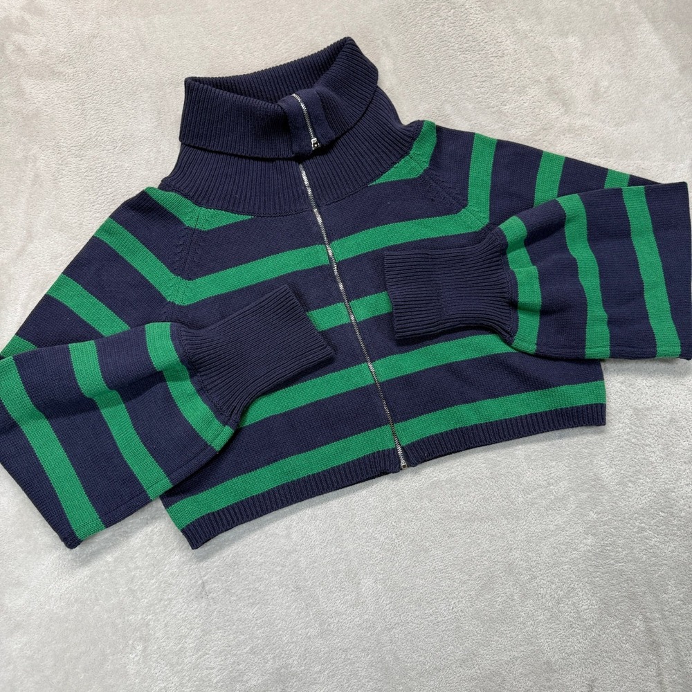 Bailey Rose Sweater Women's Small Cropped Zip Navy Green Striped Mock Tight Knit